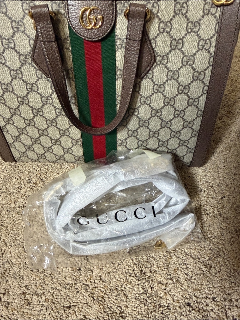 Gucci Brown GG Supreme Tote with Green and Red Web Stripe - Picture 9 of 10